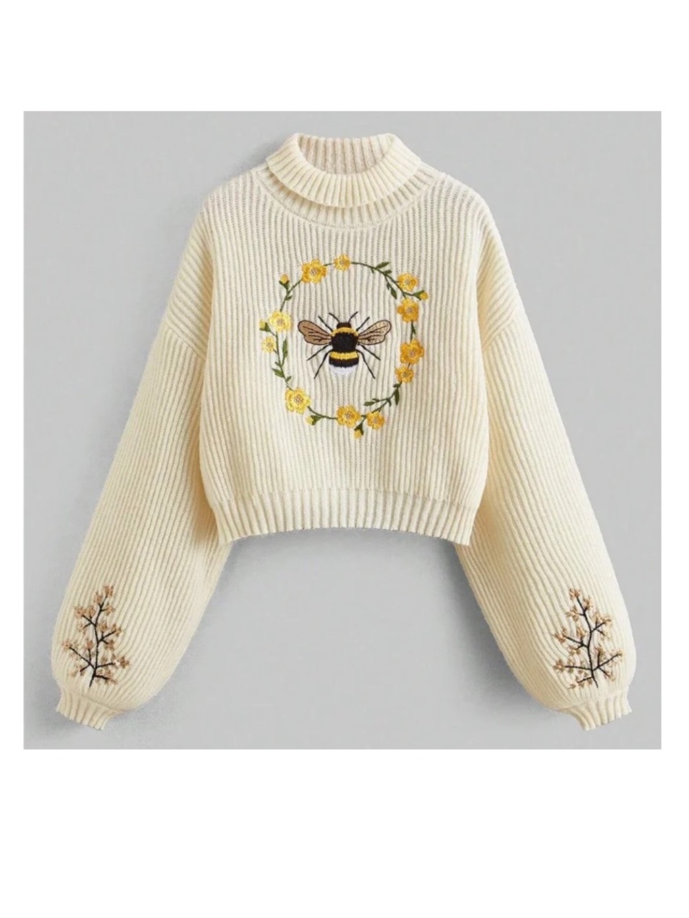 Fairycore Women'S Bee Embroidered Drop Shoulder Half Turtleneck Sweater
